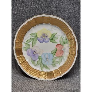 Heinrich Germany Porcelain‎ Cabinet Plate Gold Gilt Pansy Floral Hand Painted
